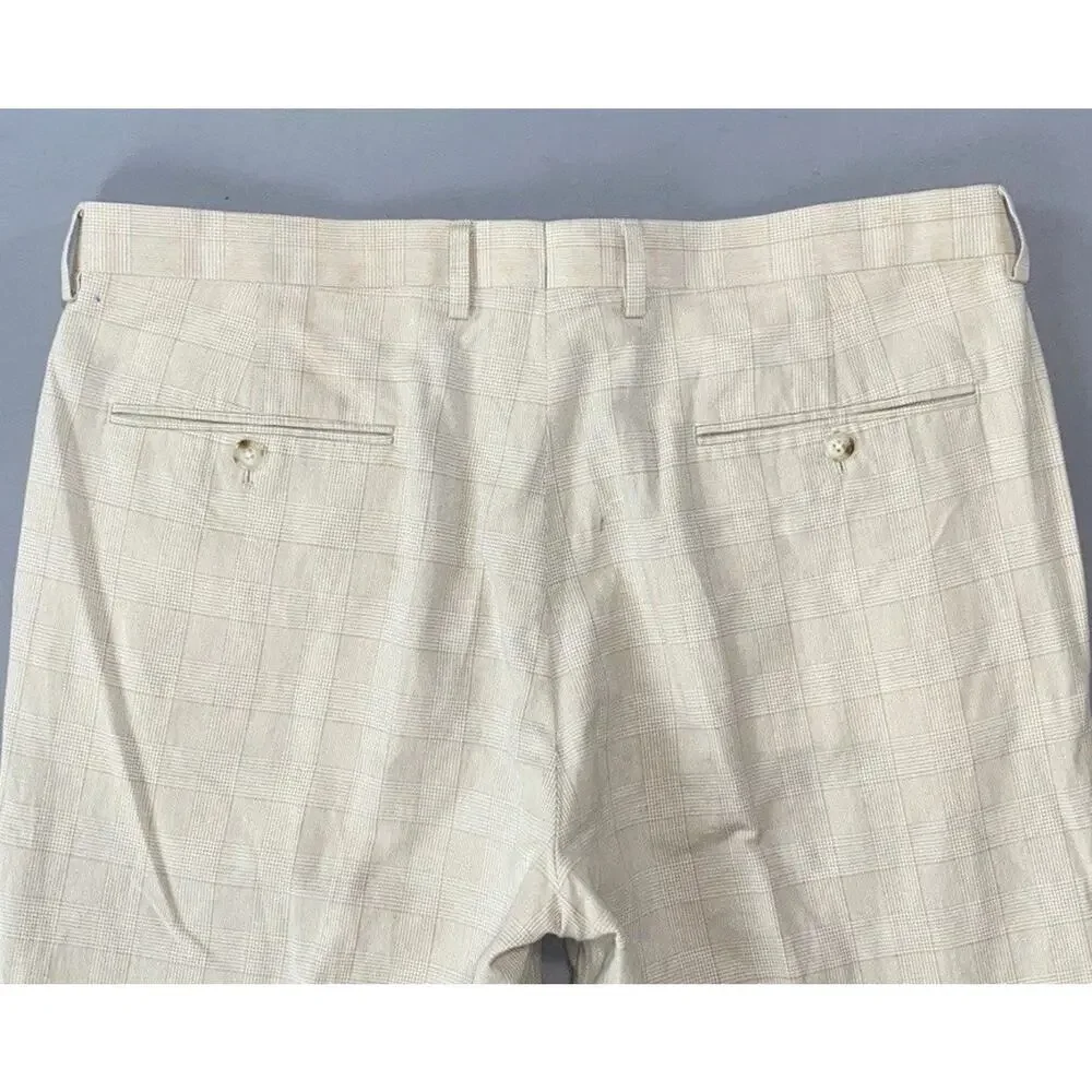 J Crew Ludlow Flat Front Baird McNutt Irish Linen Blend Pants. Ivory Plaid 35X30